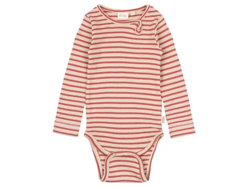 Stribet langærmet body fra Petit Piao i farverne rød og råhvid PP301 light berry dark off white